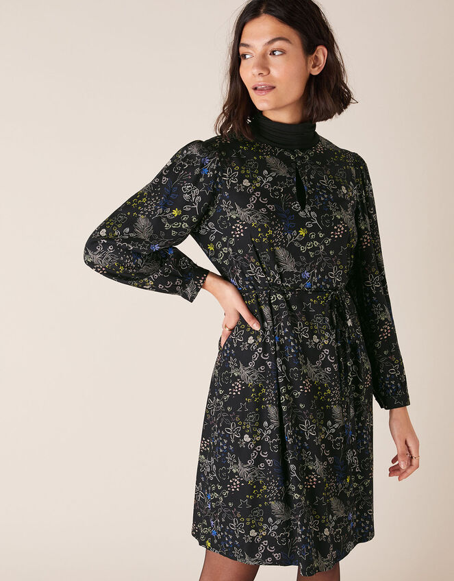 Printed Long-Sleeve Short Dress, Black (BLACK), large