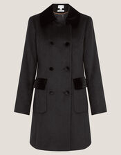 Lottie Velvet Trim Double Breasted Coat, Black (BLACK), large