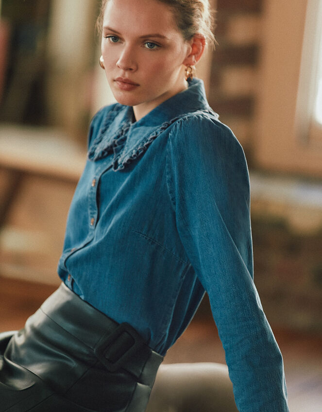 Frill Collar Denim Shirt, Blue (DENIM BLUE), large