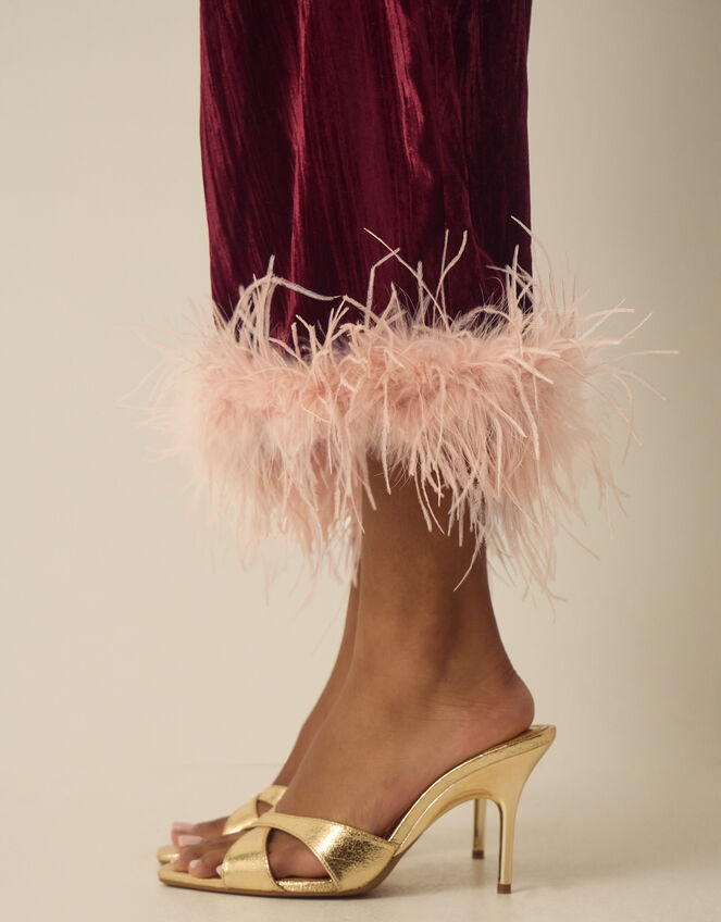 Emma Faux Feather Cropped Velvet Trousers, Red (BURGUNDY), large