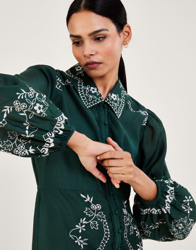 Riley Embroidered Short Shirt Dress in Recycled Polyester, Green (GREEN), large