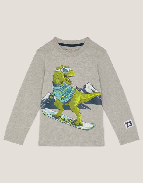 Snowboard Dinosaur Long Sleeve Top, Grey (GREY), large
