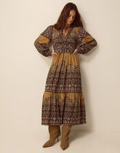Branwen Floral Print Jersey Midi Dress, Yellow (OCHRE), large