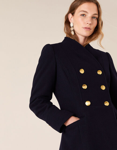 Rosaline Long Military Coat in Wool Blend Blue Coats Monsoon Global.