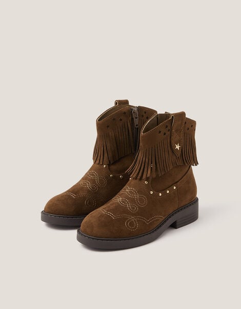 Fringe Suedette Cowboy Boots, Tan (TAN), large