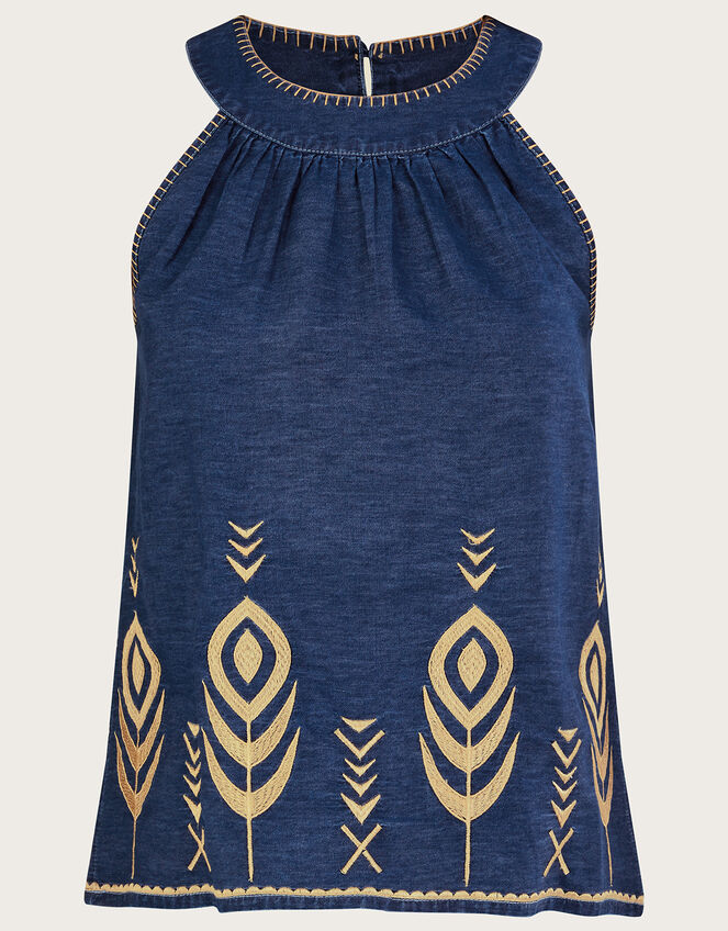 Peacock Feather Embroidered Chambray Denim Tank Top, Blue (DENIM BLUE), large