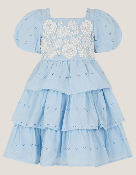Baby Floral Broderie Puff Sleeve Tiered Dress, Blue (BLUE), large