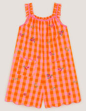 Embroidered Gingham Playsuit, Orange (ORANGE), large