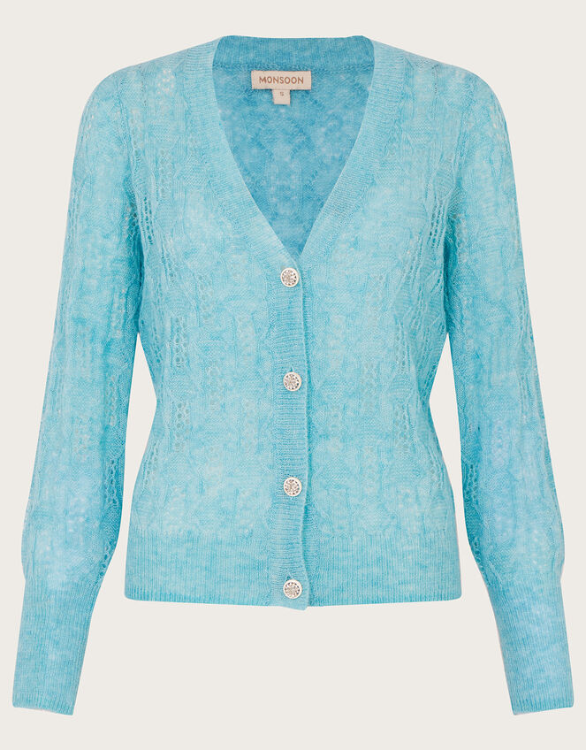 Pointelle Cardigan with Diamante Buttons, Blue (BLUE), large