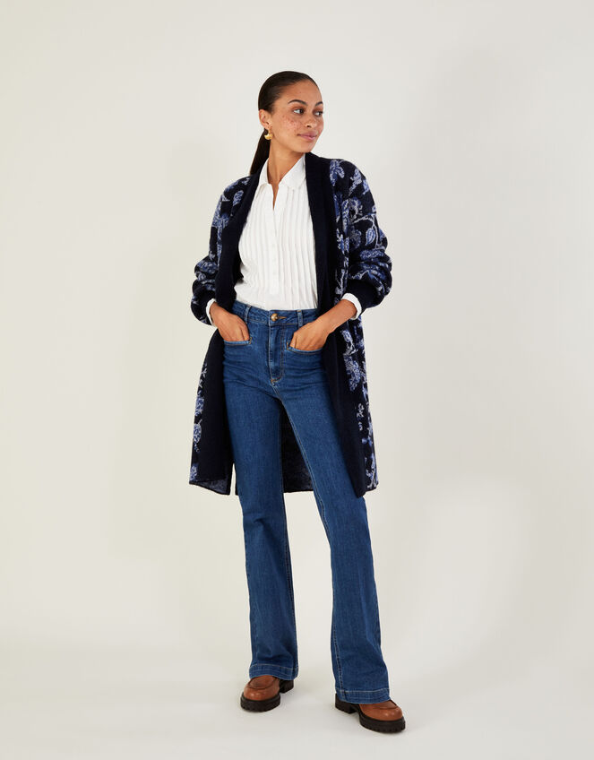 Floral Pattern Coatigan with Recycled Polyester, Blue (NAVY), large