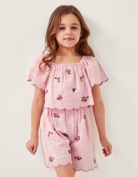 Floral Embroidered Gingham Playsuit, Pink (PINK), large