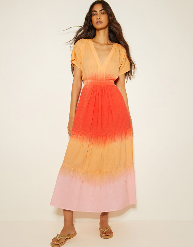 Maya Dip Dye Tiered Midi Dress, Orange (ORANGE), large