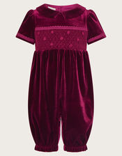 Baby Velvet Smock Romper, Red (BURGUNDY), large