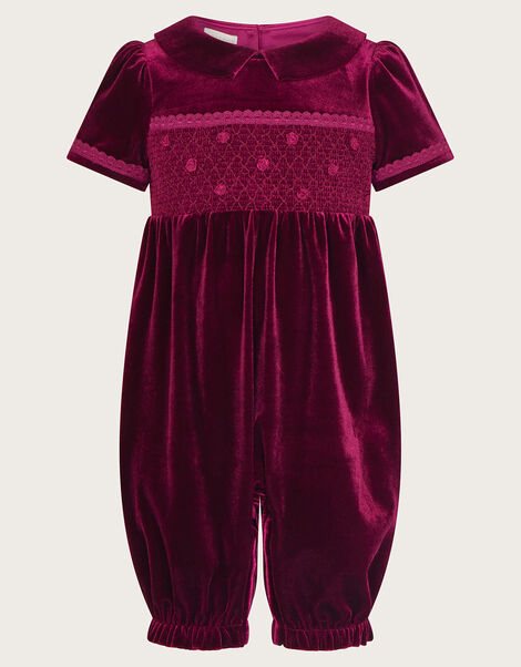 Baby Velvet Smock Romper, Red (BURGUNDY), large