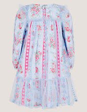 Floral Broderie Long Sleeve Dress & Hair Scrunchie, Blue (BLUE), large