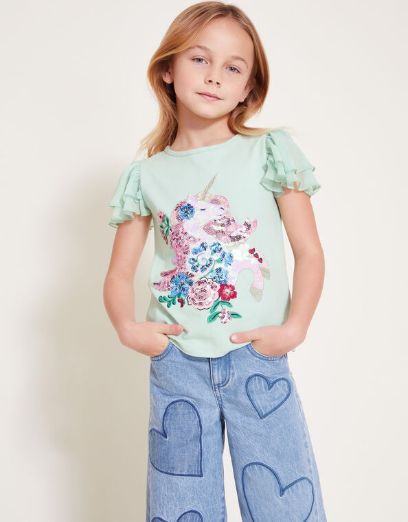 Sequin Unicorn Frilly T-Shirt, Green (GREEN), large