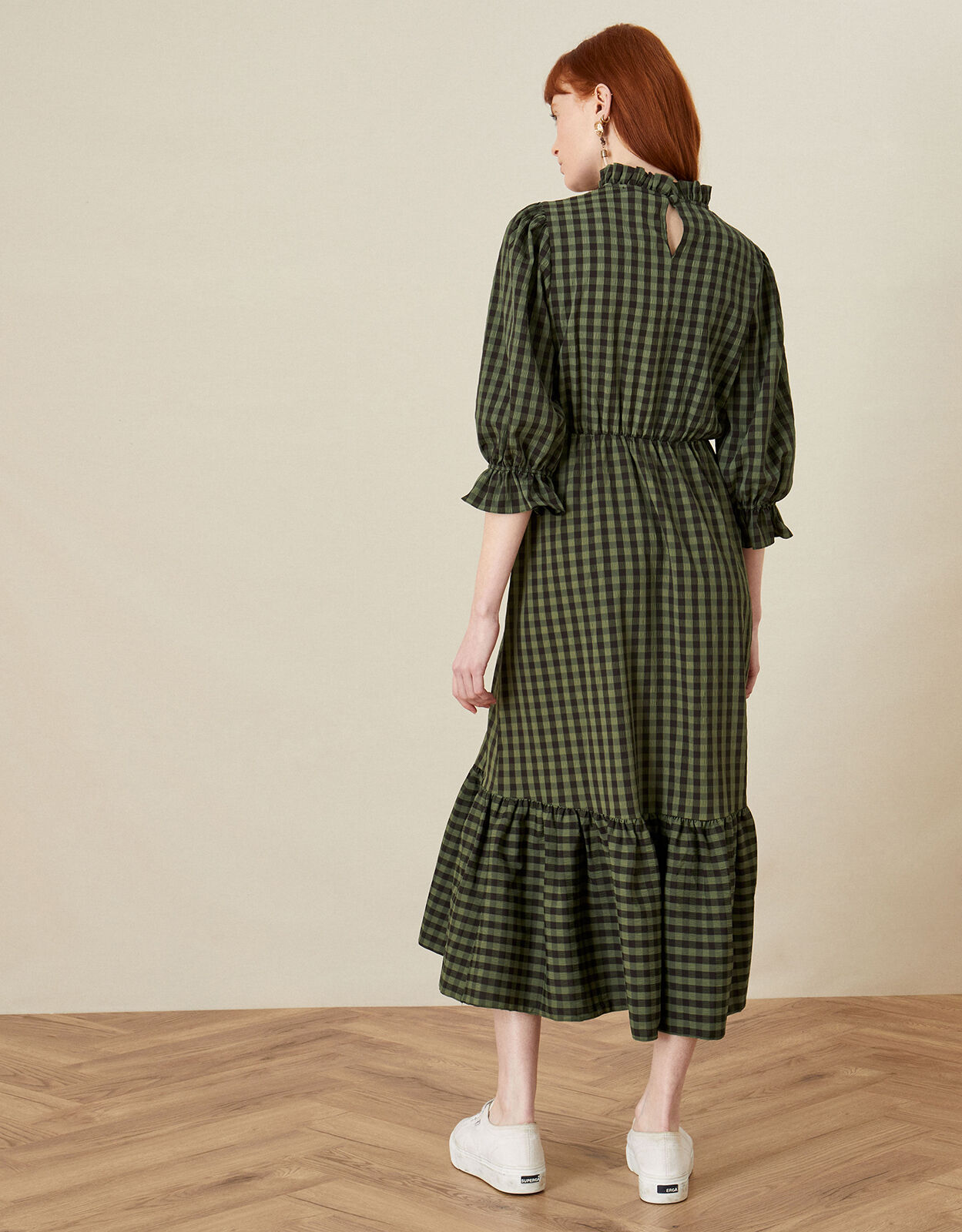 Check Tier Hem Midi Dress Green