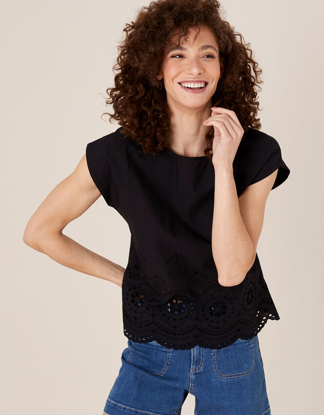 Lila Woven Front Tee in Organic Cotton , Black (BLACK), large