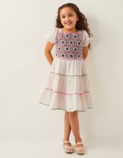 Crochet Broderie Puff-Sleeve Dress, Ivory (IVORY), large