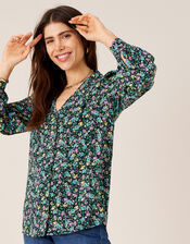 Ditsy Floral Print Collar Top, Blue (NAVY), large