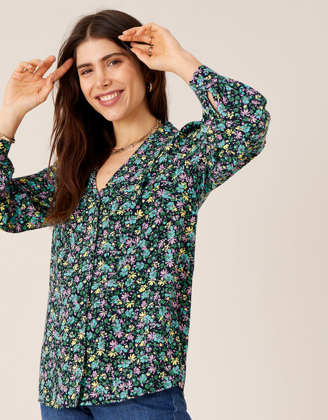 Ditsy Floral Print Collar Top, Blue (NAVY), large