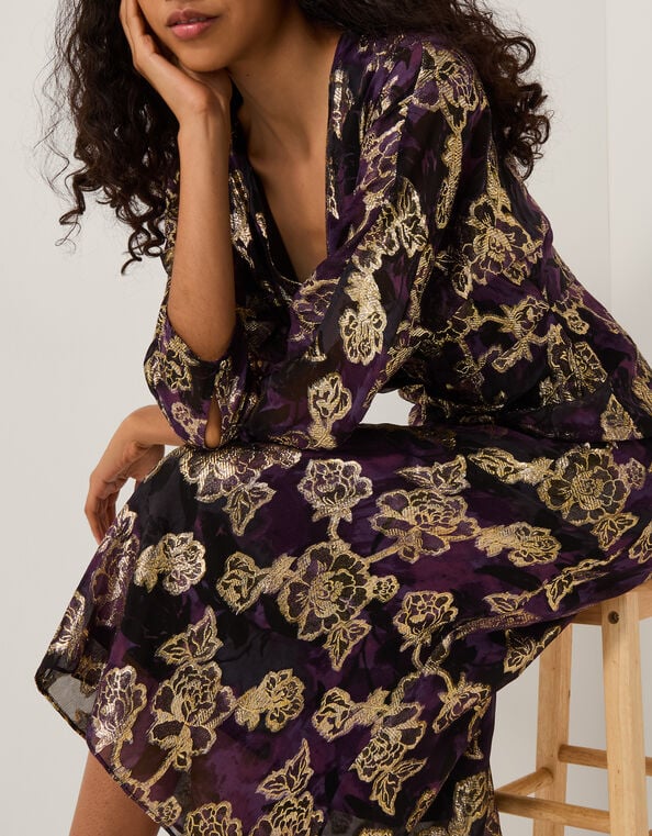 Georgie Metallic Floral Midi Dress, Purple (PURPLE), large