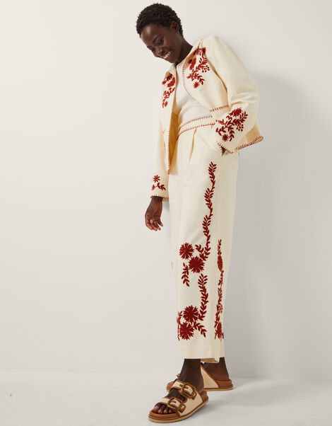 Emilia Floral Embroidered Trousers, Ivory (IVORY), large