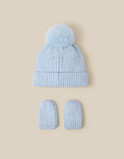 Baby Bow Beanie Hat & Mittens Set, Blue (BLUE), large