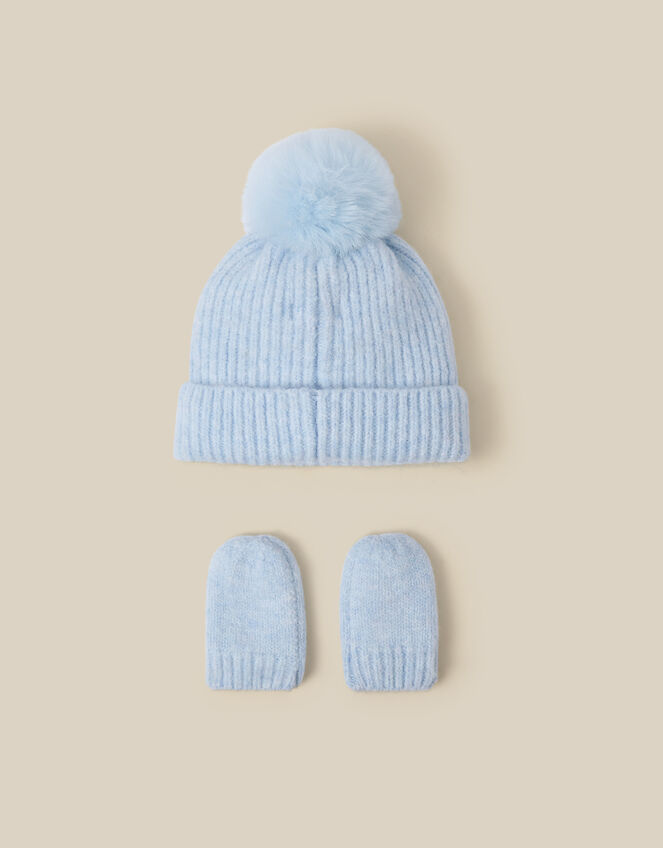 Baby Bow Beanie Hat & Mittens Set, Blue (BLUE), large