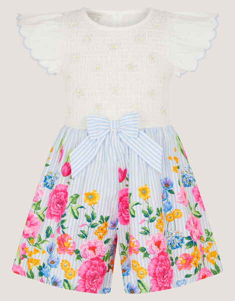 Floral Print Bow Shirred Playsuit, Blue (BLUE), large