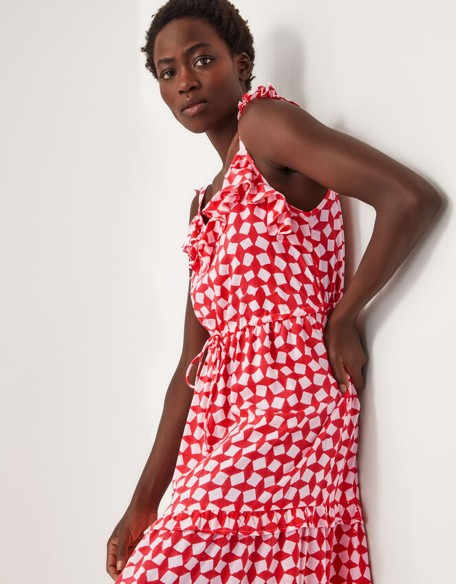 Geena Geometric Woodblock Midi Dress, Orange (CORAL), large