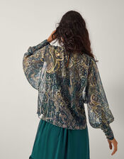 Marianna Sheer Paisley Pussybow Blouse, Green (GREEN), large