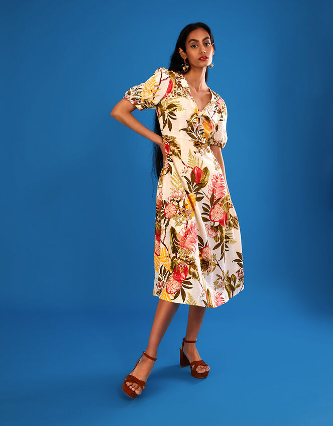 Eliana Pomegranate Dress in Linen Blend, Ivory (IVORY), large