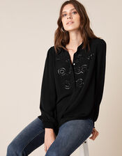 Sequin Military Blouse in Sustainable Viscose, Black (BLACK), large