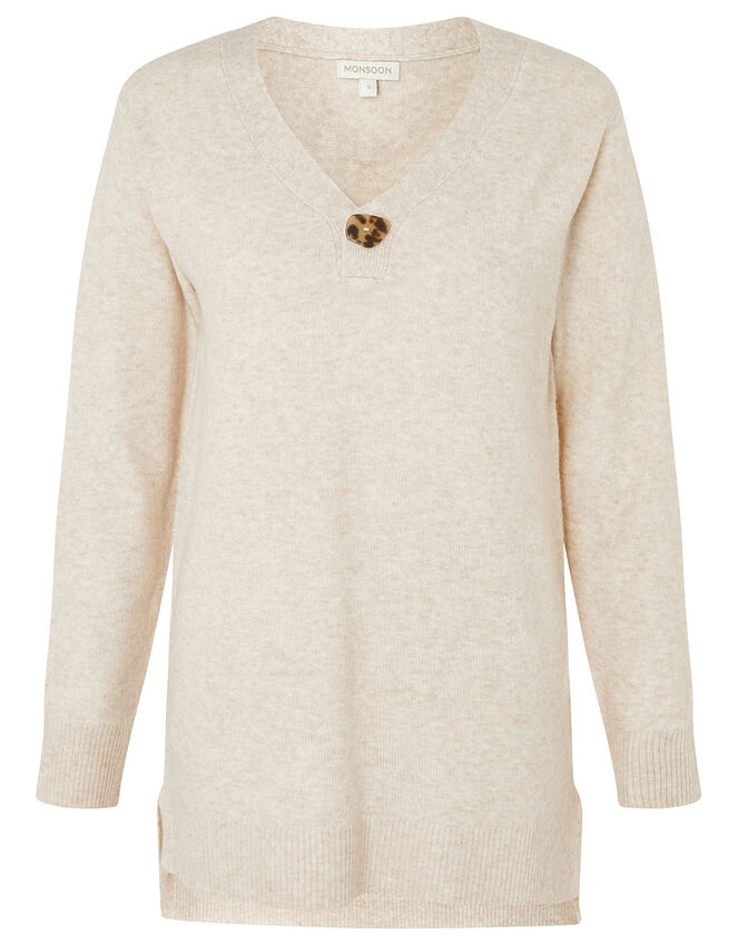 Button V-Neck Longline Jumper, Camel (OATMEAL), large