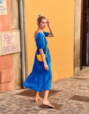 Puff Sleeve O-Ring Detail Midi Dress, Blue (COBALT), large