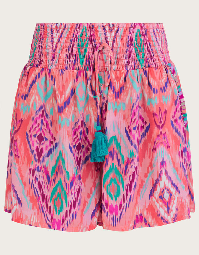 Ikat Print Tape Trim Shorts in LENZING™ ECOVERO™, Orange (CORAL), large