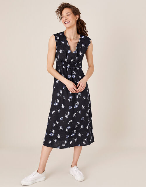 Floral Midi Dress in Pure Linen, Blue (NAVY), large