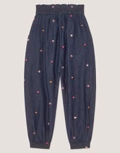 Embroidered Chambray Cuffed Trousers, Blue (BLUE), large