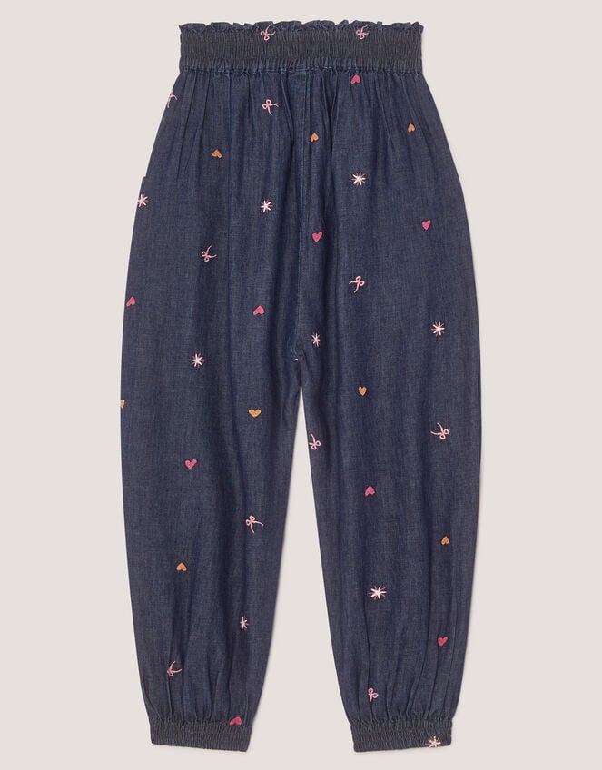 Embroidered Chambray Cuffed Trousers, Blue (BLUE), large