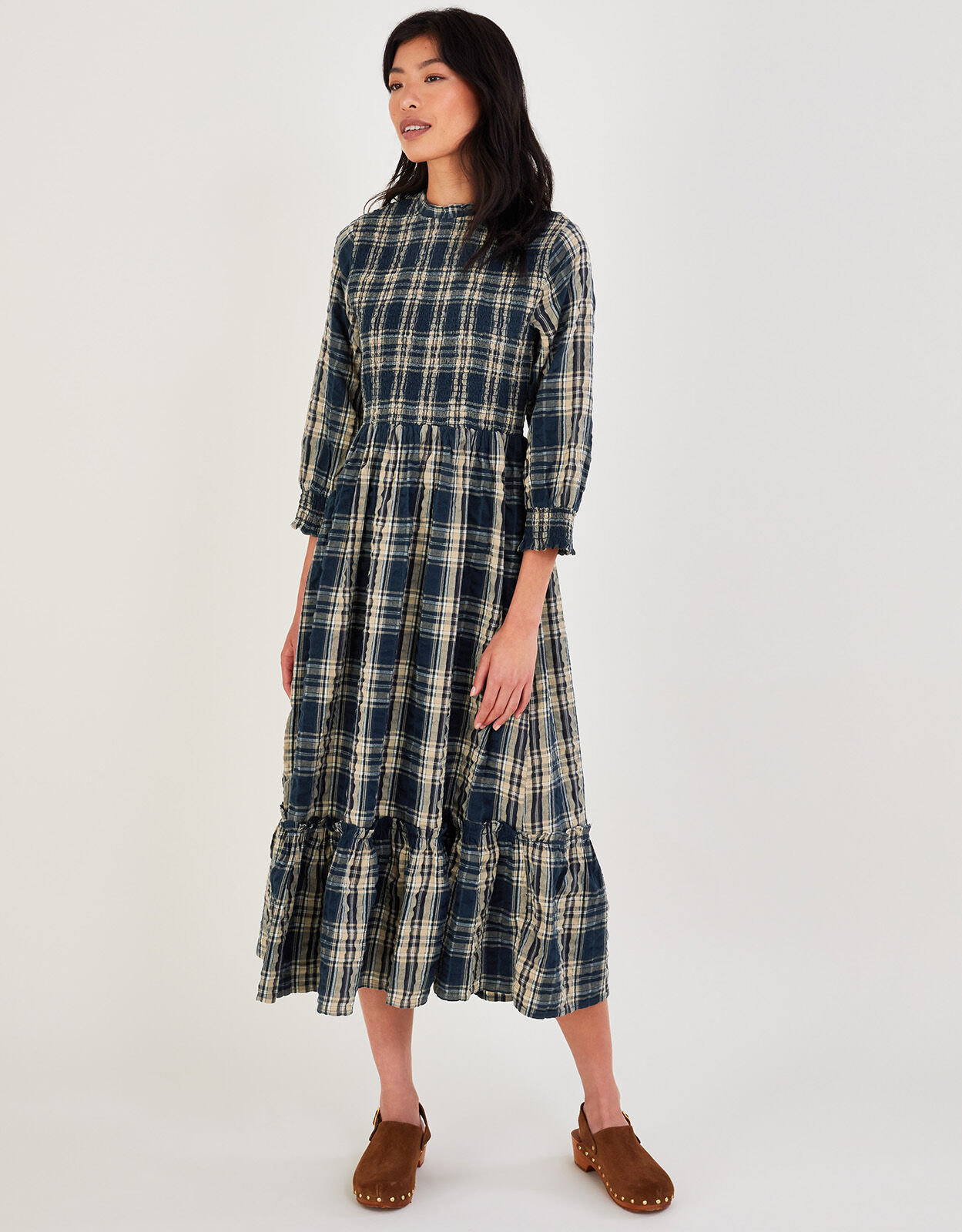 Check Shirred Seersucker Dress in Sustainable Cotton Blue
