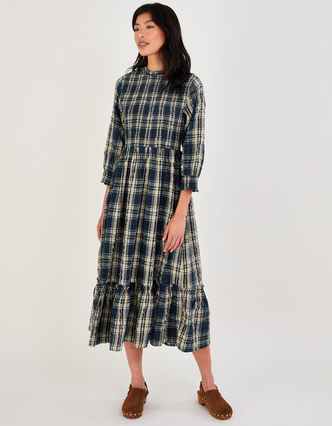 Check Shirred Seersucker Dress in Sustainable Cotton, Blue (NAVY), large