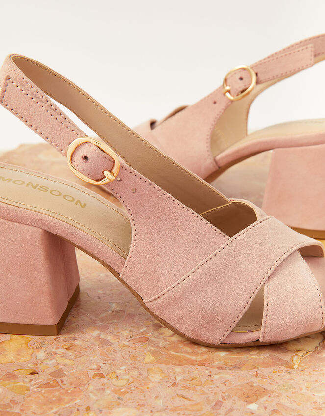 Suede Crossover Block Heels, Pink (BLUSH), large