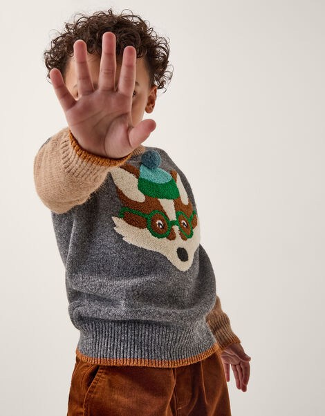 Fox Colour Block Knit Jumper, Grey (GREY), large