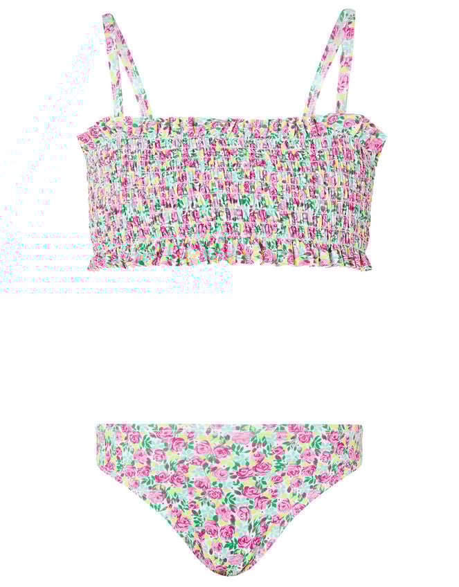 Ditsy Floral Shirred Bikini Set, Green (GREEN), large