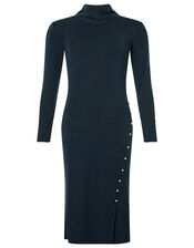 Pearl Button Cowl Neck Knit Dress, Teal (TEAL), large