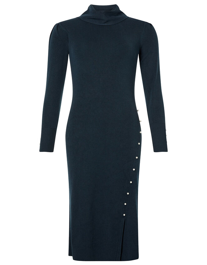 Pearl Button Cowl Neck Knit Dress, Teal (TEAL), large