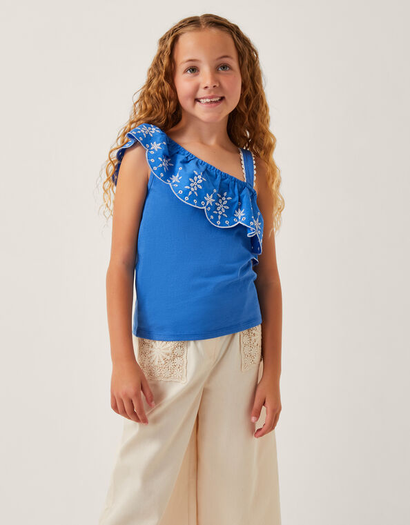 Embroidered Frill One Shoulder Top, Blue (BLUE), large