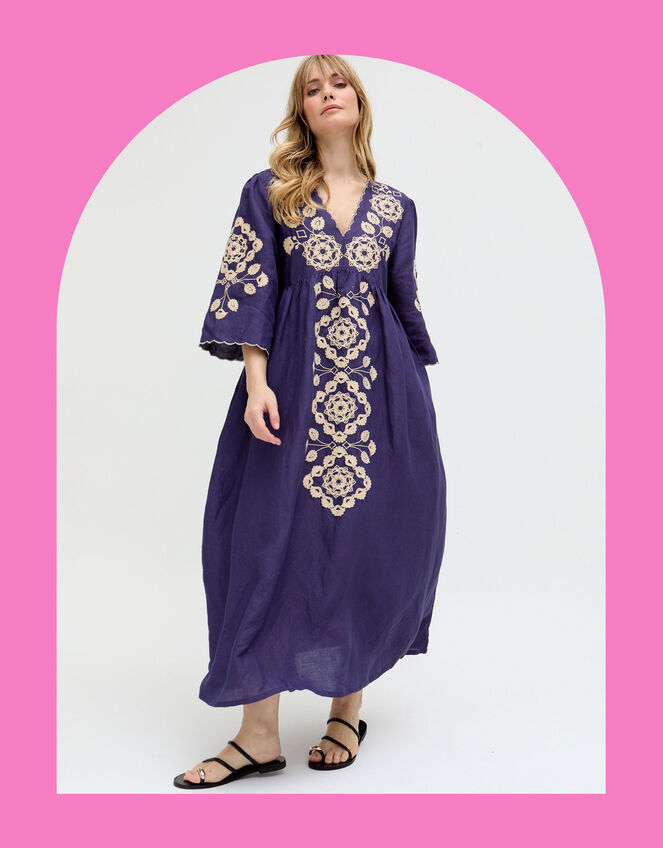 Raffya Ariana Embroidered Linen Maxi Dress, Blue (NAVY), large