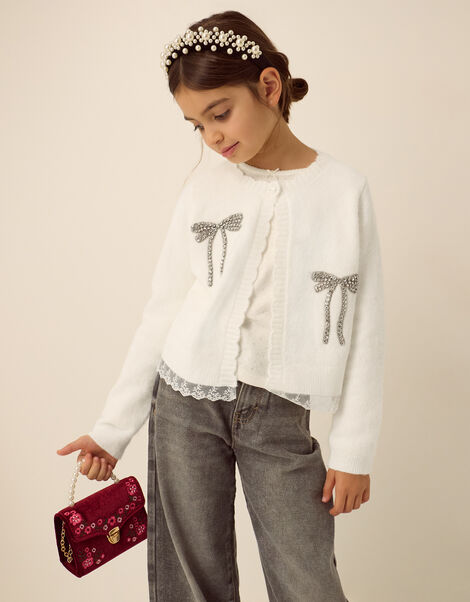 Embellished Bow Cardigan, Ivory (IVORY), large